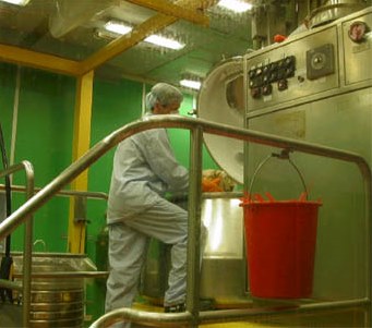 Worker loading powders into blender