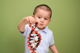 Boy playing with DNA molecule model